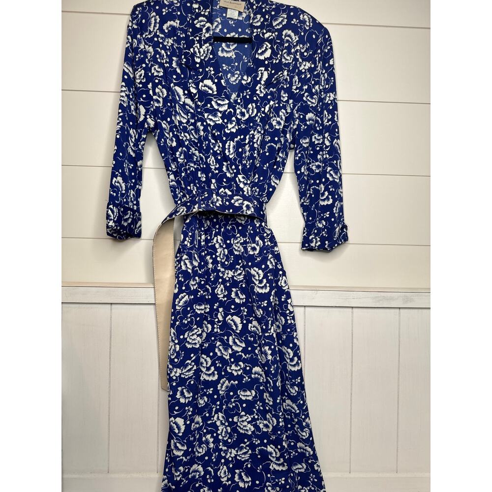 Von Bramlett Vintage Blue/Wht Floral Belted V-Neck Dress Sz 13/14 EUC - Career